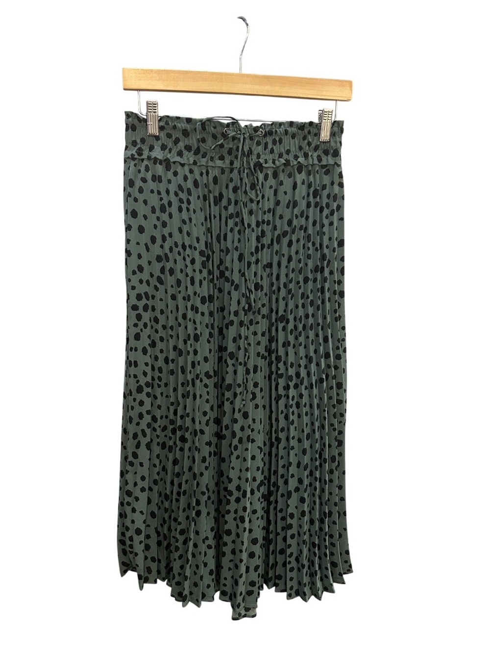 Pleated Olive Green Dot Print Maxi Skirt -Small